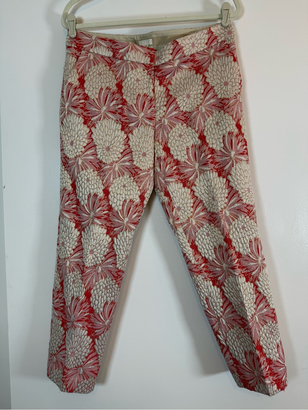 J. Crew Red & Cream Floral Jacquard Cropped Trousers